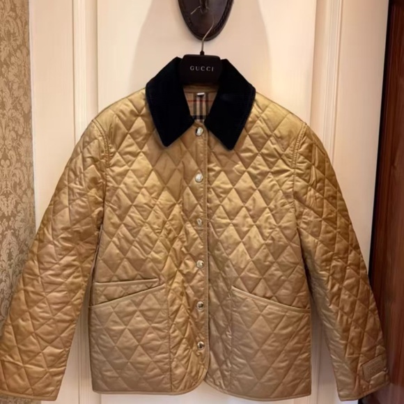Burberry Women's Tan Quilted Jacket with Black Collar